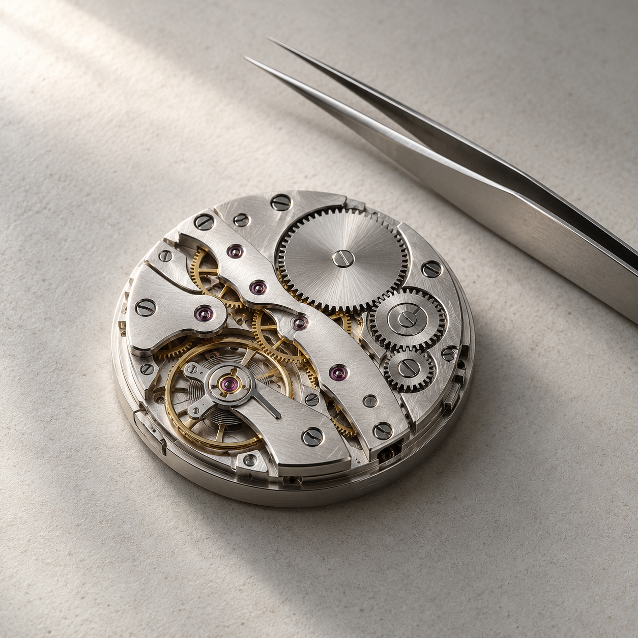 Composizione illustrativa con movimento meccanico in acciaio e pinzetta da orologiaio su fondo grigio chiaro